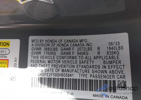 2025 Honda Civic Sport из США, поврежденный, VIN 2HGFE2F59SH605841